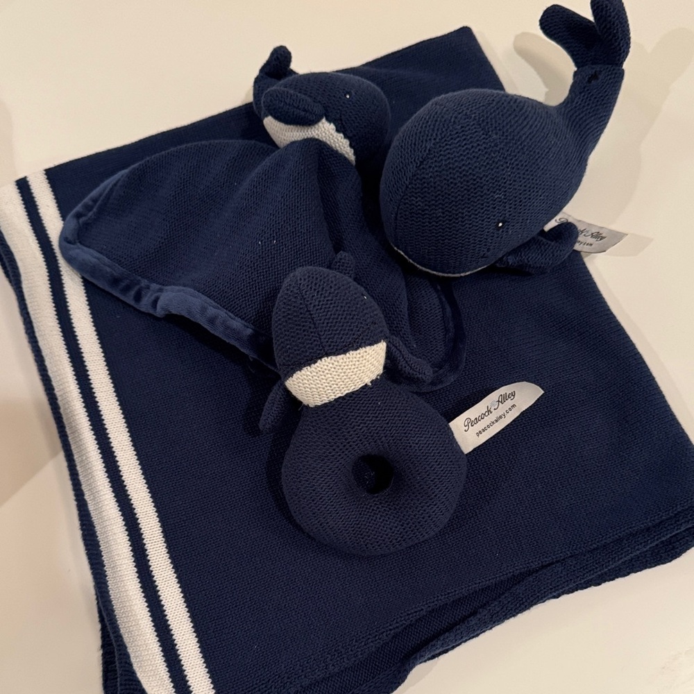 Baby Peacoxk Alley blanket and rattle gift set (4 pieces) navy and white whale